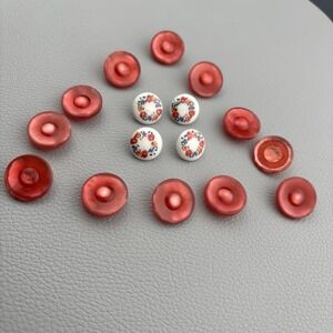 Vintage Plastic Button Lot 15 Pieces Flower Print No Hole Red And White Color
